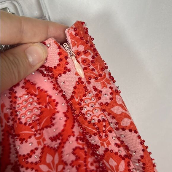 SilkLand Pink and Red Patterned Beaded Mini Skirt Silk and Linen size 10 - Picture 5 of 6